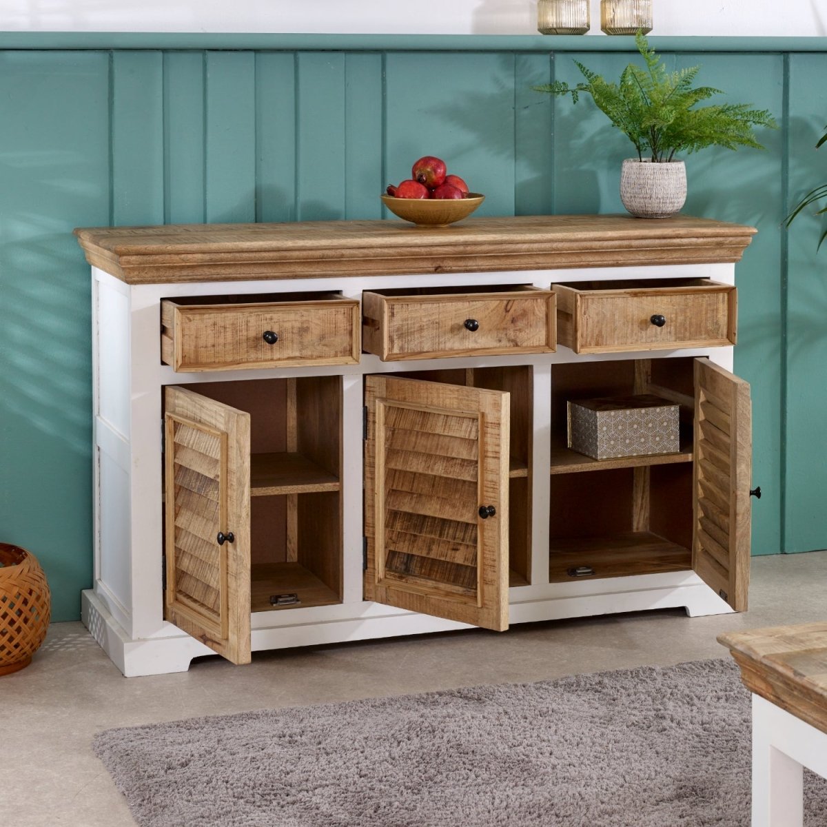 Bianco Solid Mango Wood Large Sideboard 3 Doors & 3 Drawers White - Joe’s Haven
