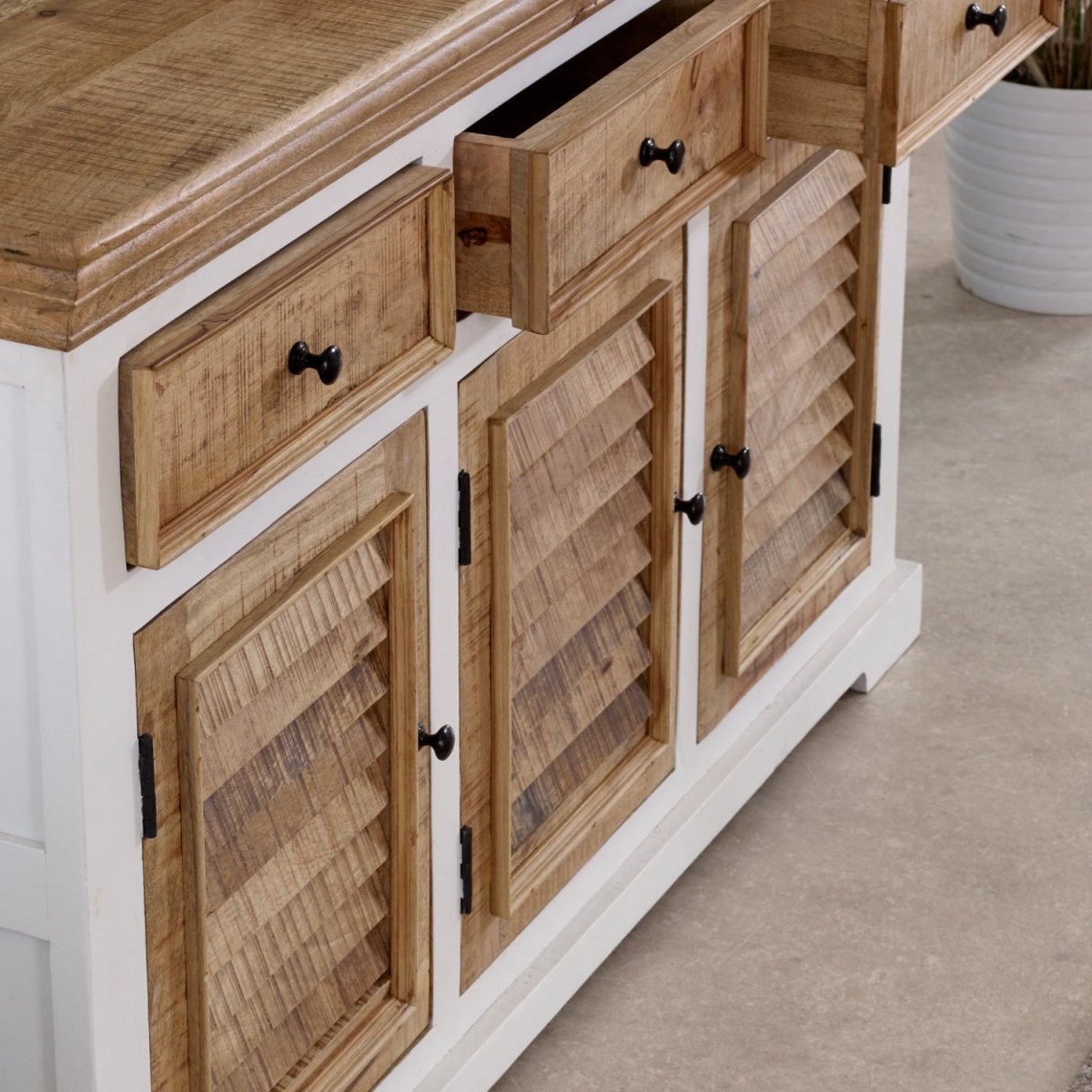 Bianco Solid Mango Wood Large Sideboard 3 Doors & 3 Drawers White - Joe’s Haven
