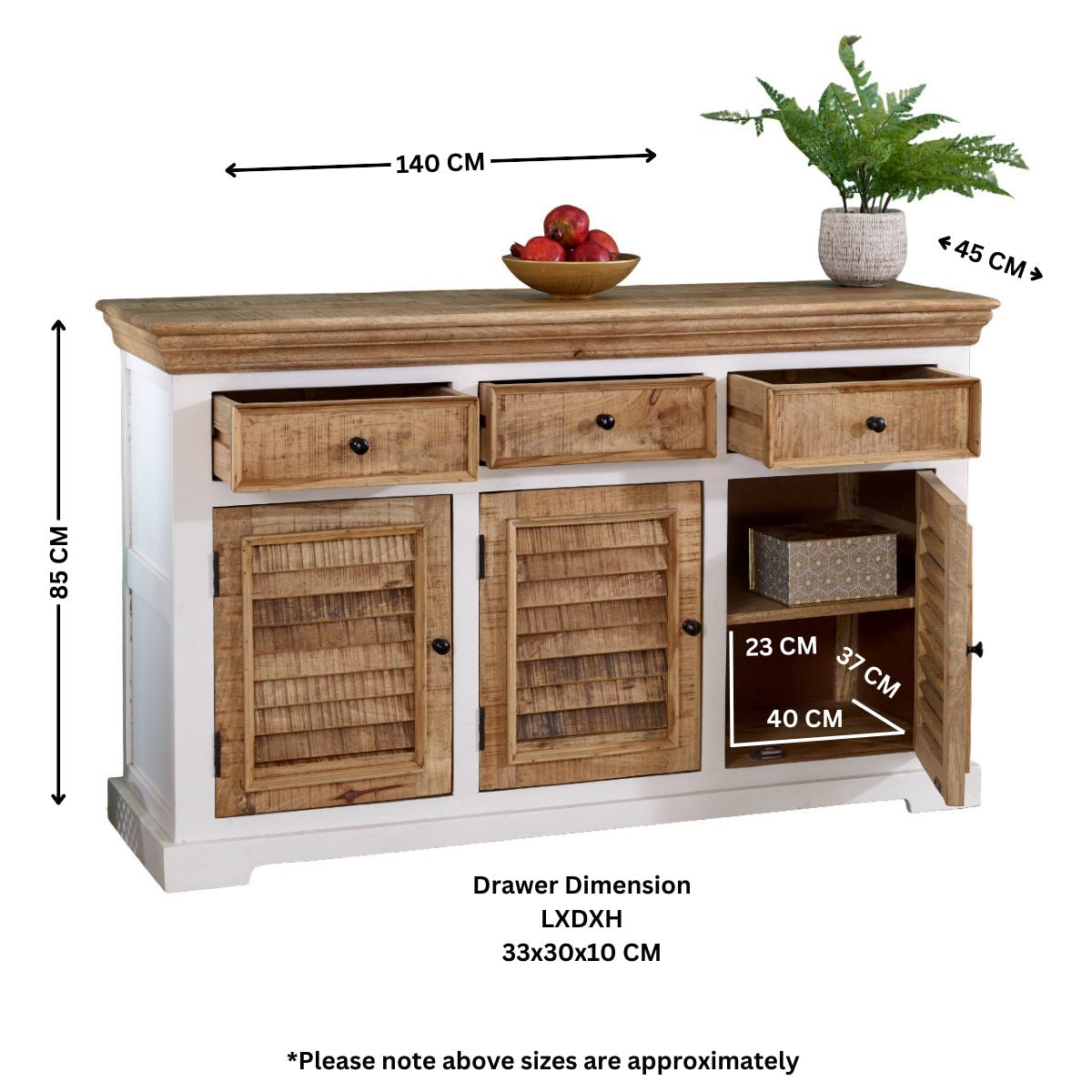 Bianco Solid Mango Wood Large Sideboard 3 Doors & 3 Drawers White - Joe’s Haven