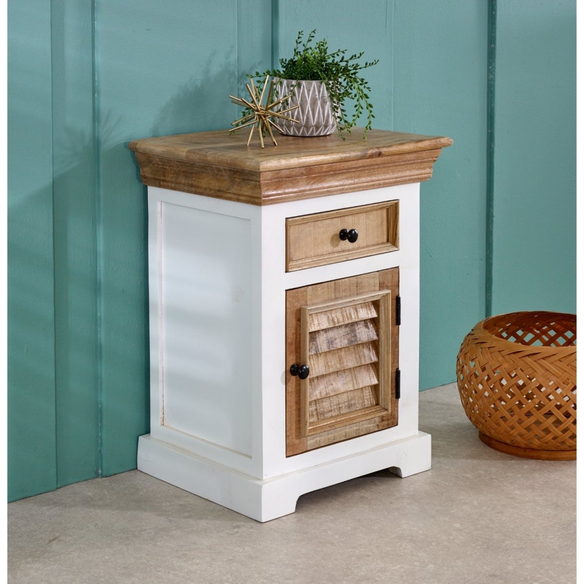 Bianco Solid Mango Wood White Bedside Cabinet with 1 Darwer & 1 Door - Joe’s Haven