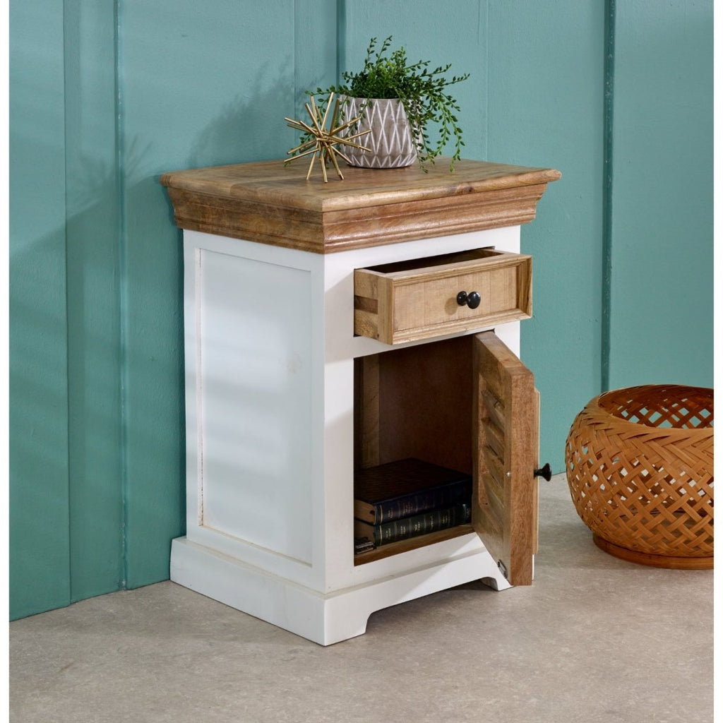 Bianco Solid Mango Wood White Bedside Cabinet with 1 Darwer & 1 Door - Joe’s Haven