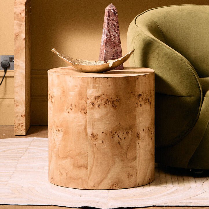 Natural Burl Wood Round Side Table with Drum Shape Design, Mota - Joe’s Haven
