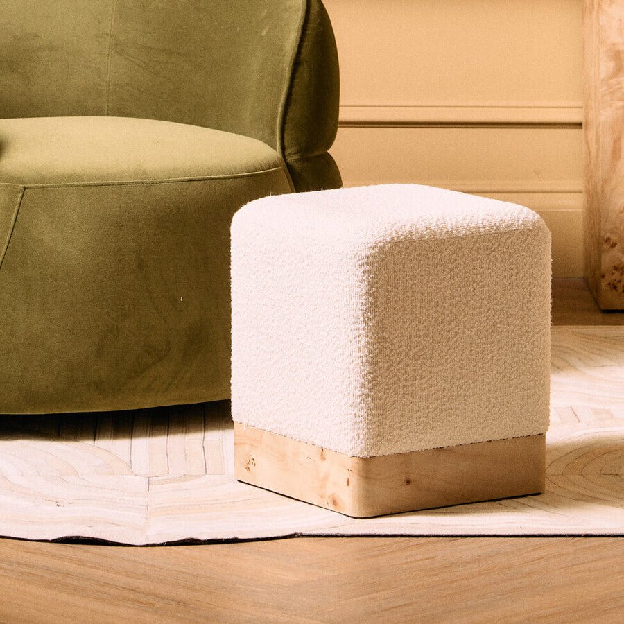 Mota Burl Wood And Cream Boucle Square Stool - Joe’s Haven