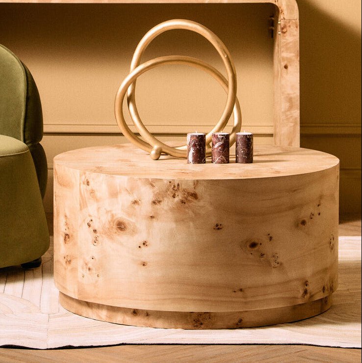 Natural Burl Wood Round Coffee Table with Drum Shape Design, Mota - Joe’s Haven