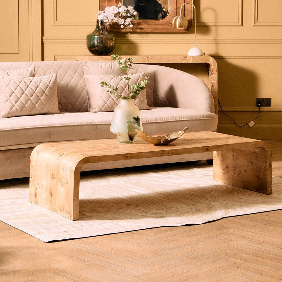 Natural Burl Wood Curved Coffee Table with Smooth Curved Edges, Mota - Joe’s Haven