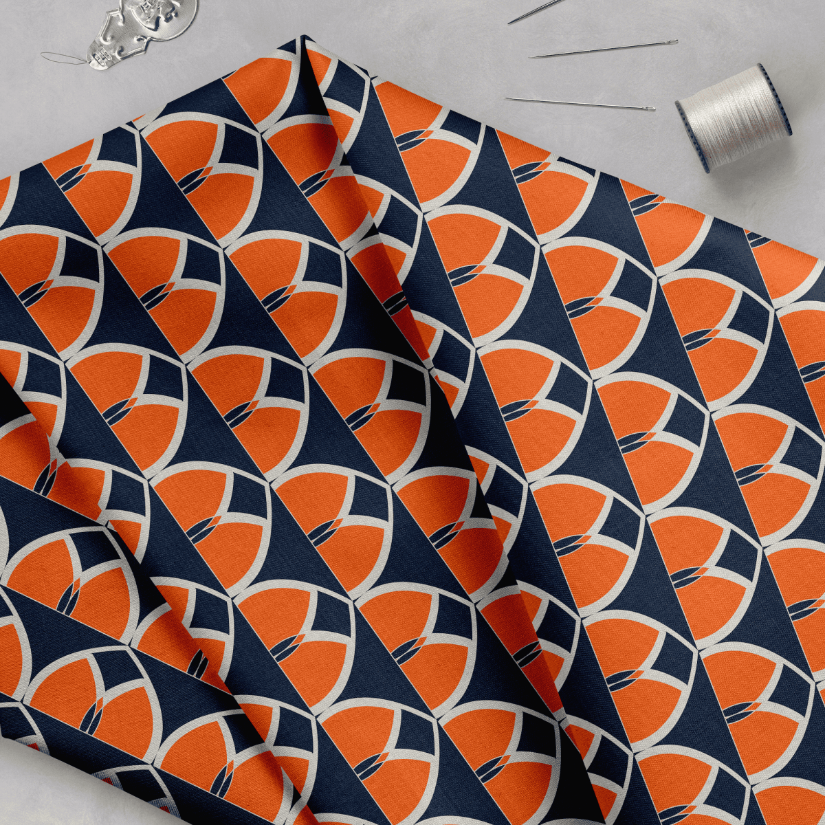 Navy Blue and Orange Geometric Cotton Drill Fabric - Joe’s Haven