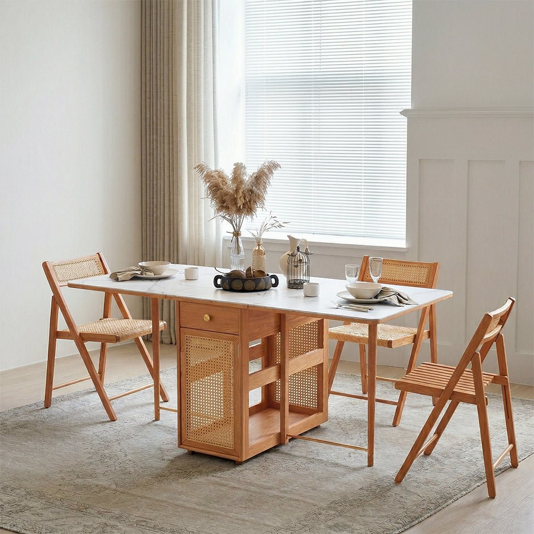 Nydia Foldable Dining Table Set With Storage, Rattan, Solid Wood - Joe’s Haven