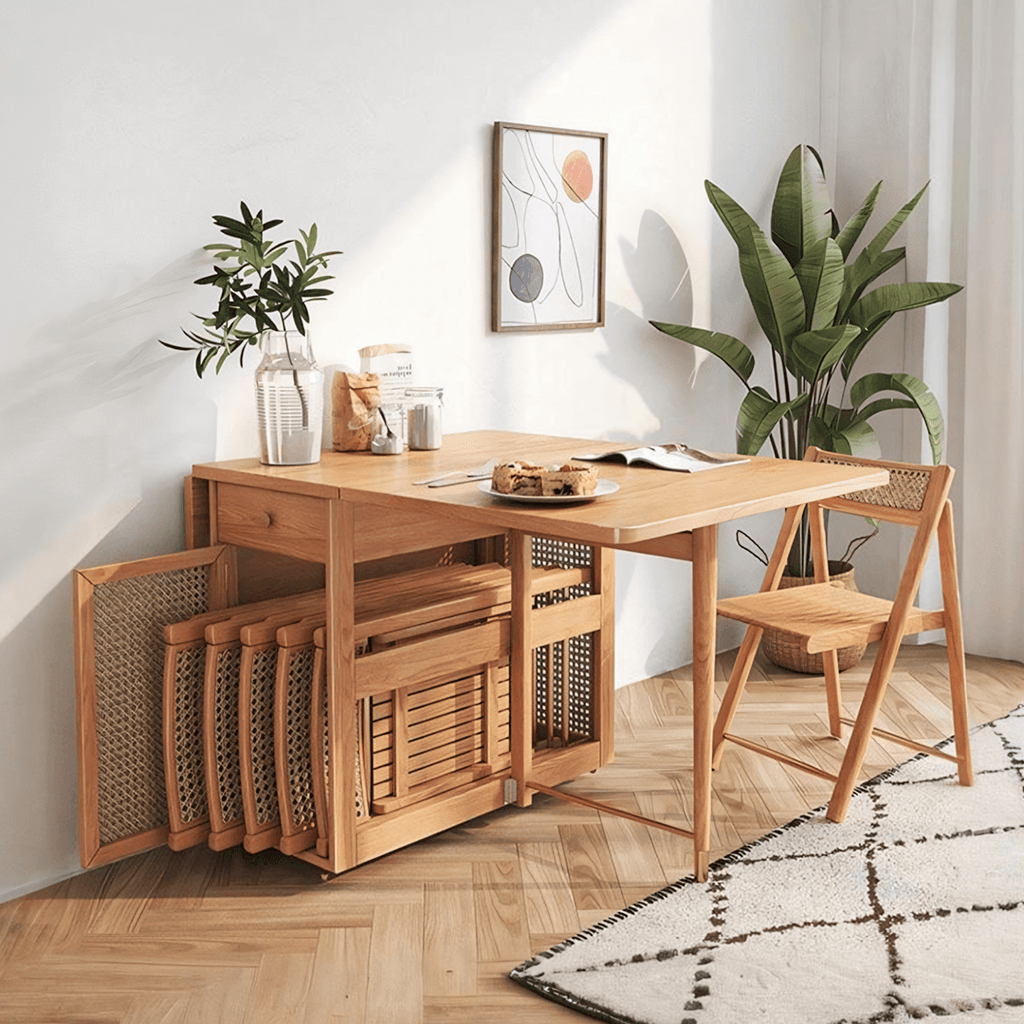 Nydia Foldable Dining Table Set With Storage, Rattan, Solid Wood - Joe’s Haven