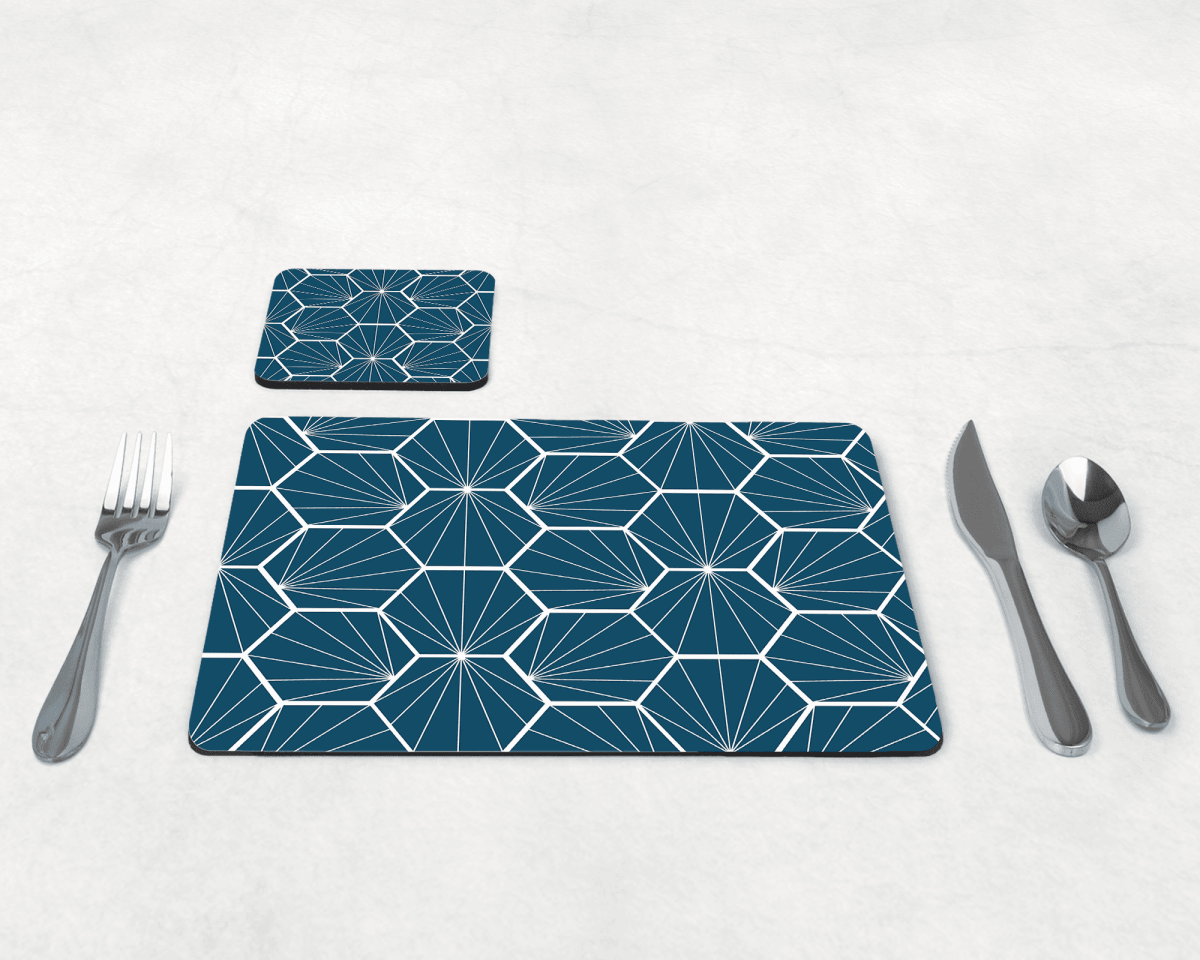 Peacock Blue Geometric Hexagons Placemats, Set of 4 or Set of 6 - Joe’s Haven