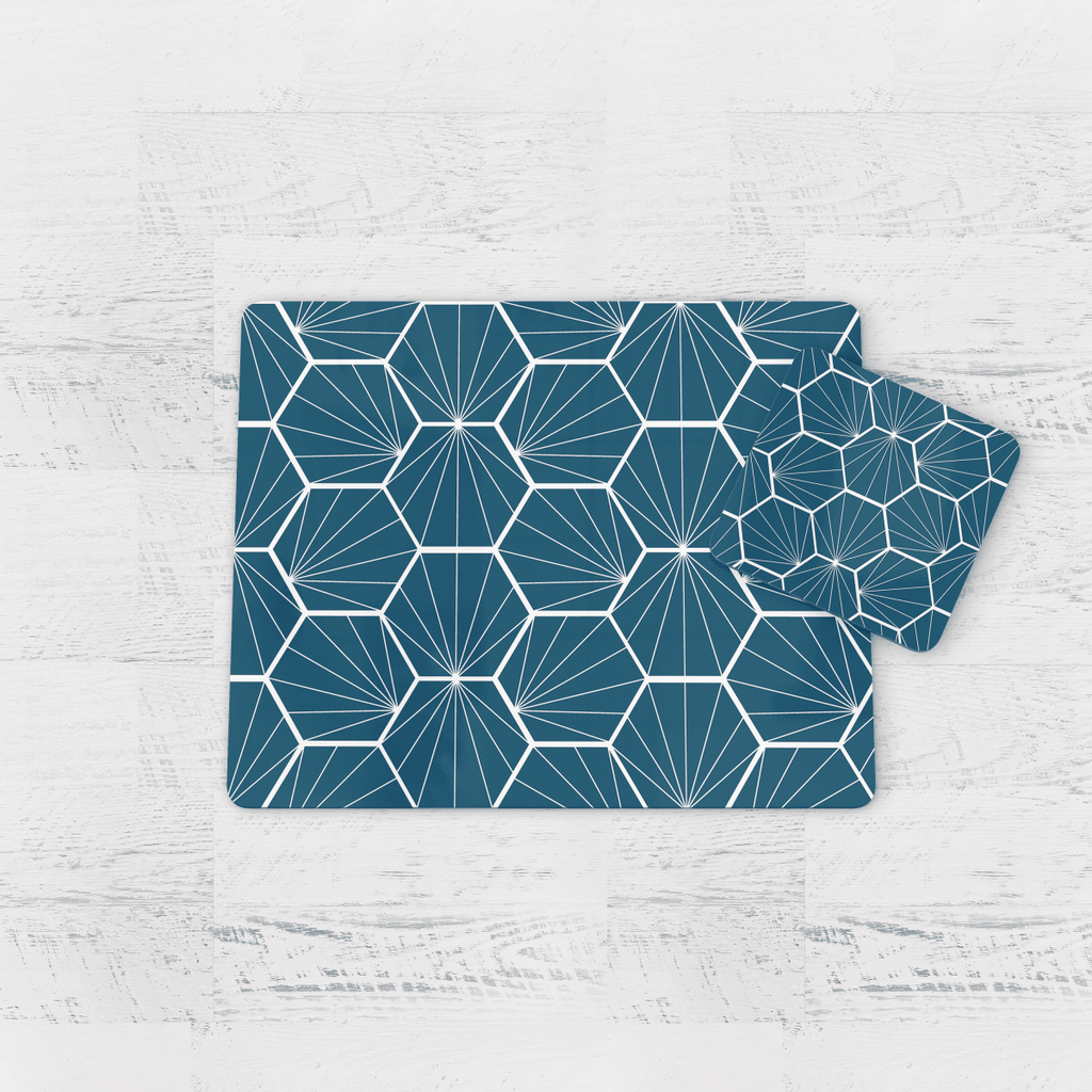 Peacock Blue Geometric Hexagons Placemats, Set of 4 or Set of 6 - Joe’s Haven