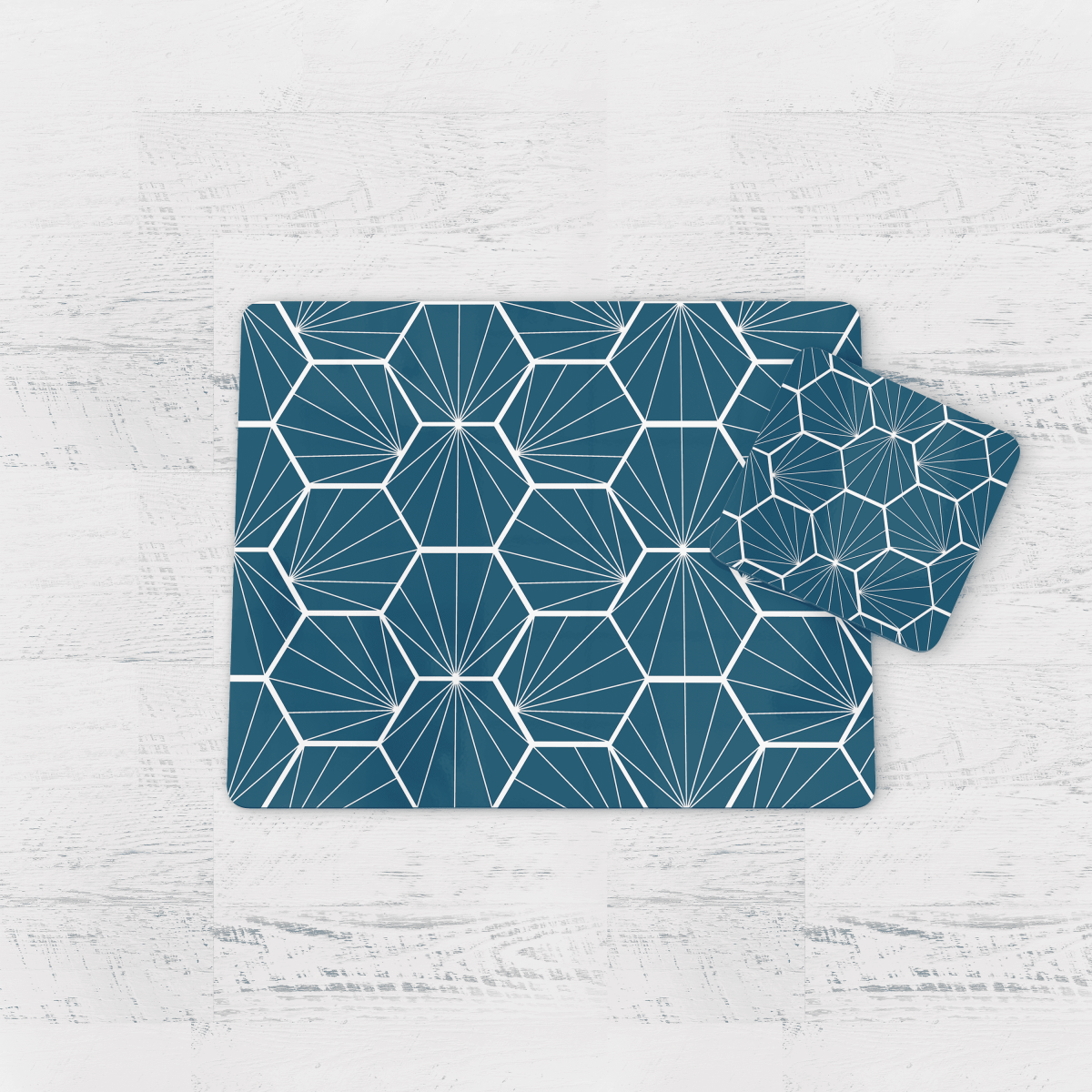 Peacock Blue Geometric Hexagons Placemats, Set of 4 or Set of 6 - Joe’s Haven