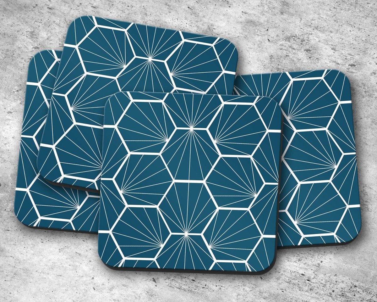 Peacock Blue Geometric Hexagons Placemats, Set of 4 or Set of 6 - Joe’s Haven