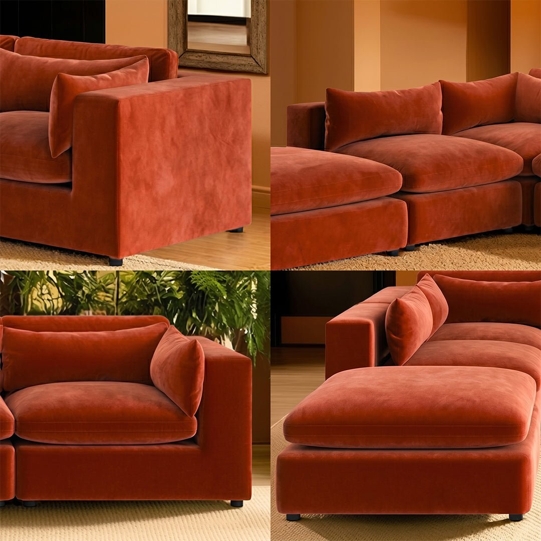 Ranjan Three Seater Corner Sofa, Red Velvet - Joe’s Haven
