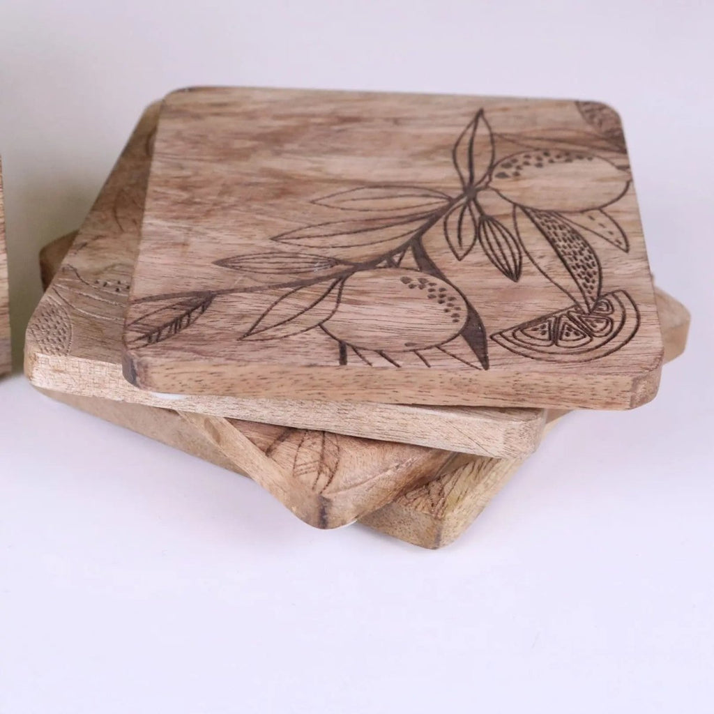 Saitras Mango Wood Coasters Engraved Citrus Design - Joe’s Haven