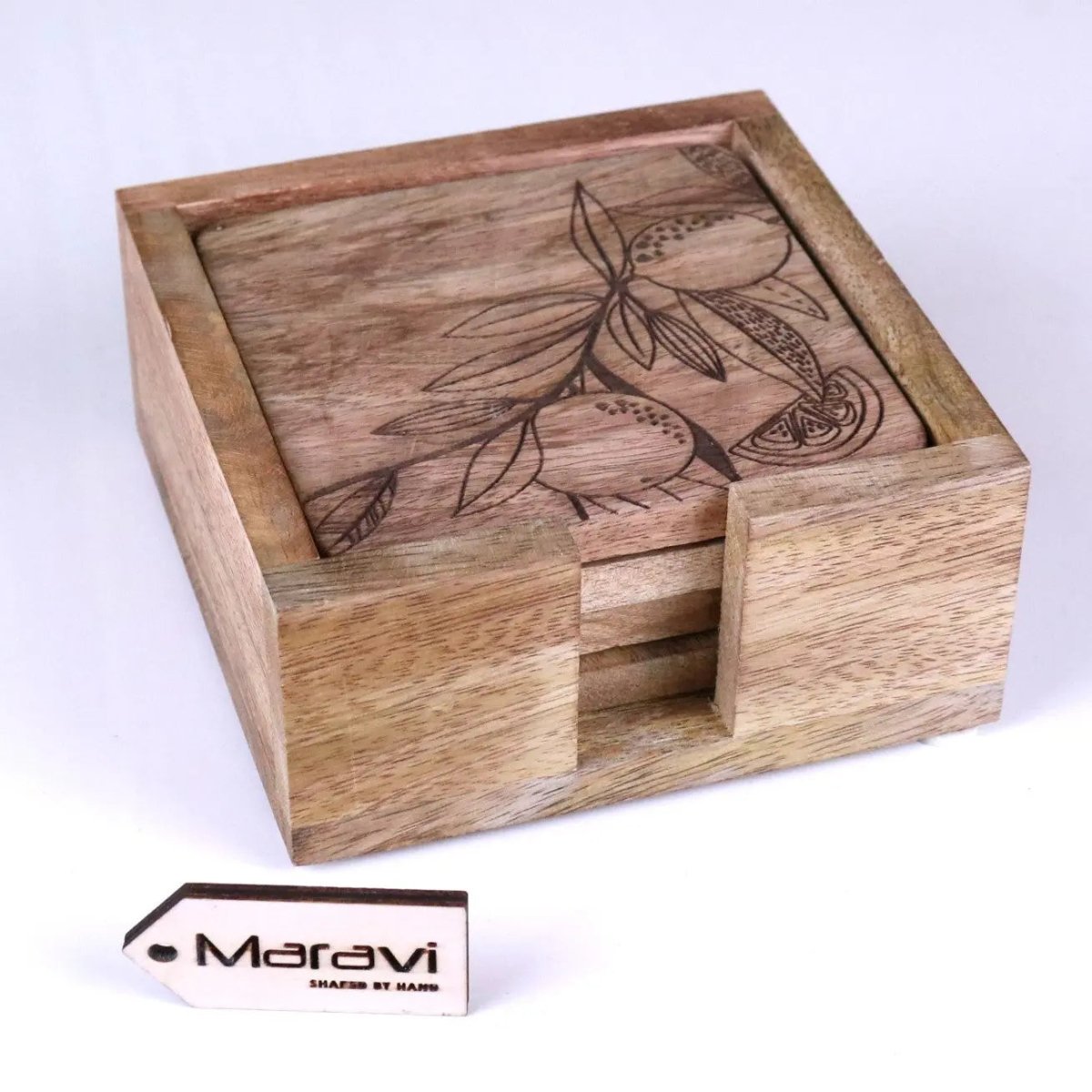 Saitras Mango Wood Coasters Engraved Citrus Design - Joe’s Haven
