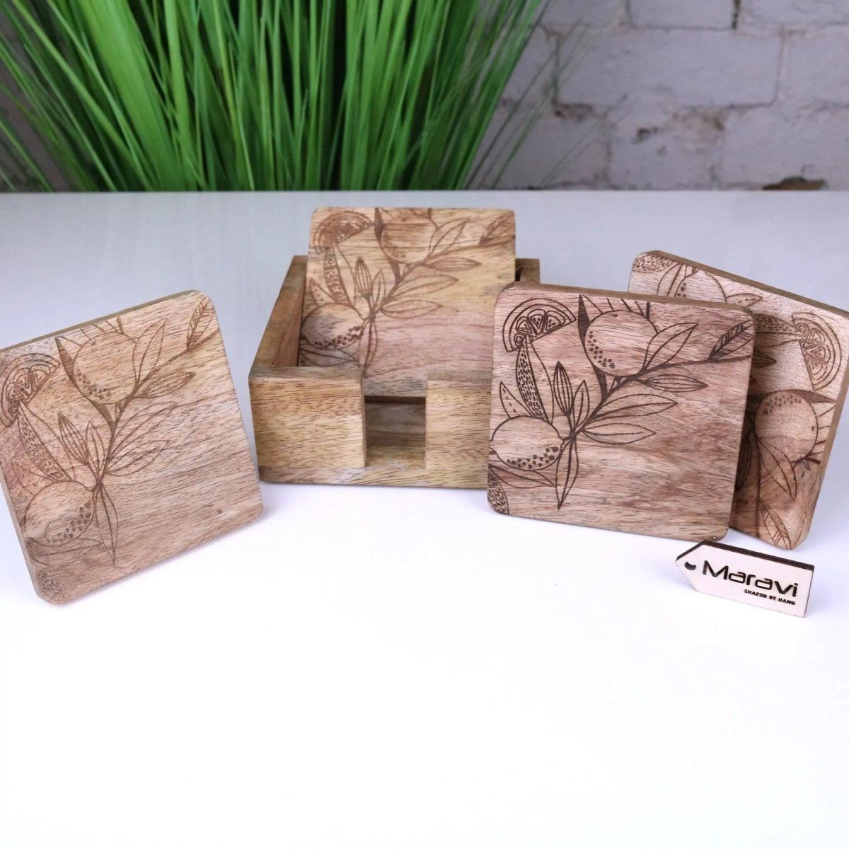 Saitras Mango Wood Coasters Engraved Citrus Design - Joe’s Haven