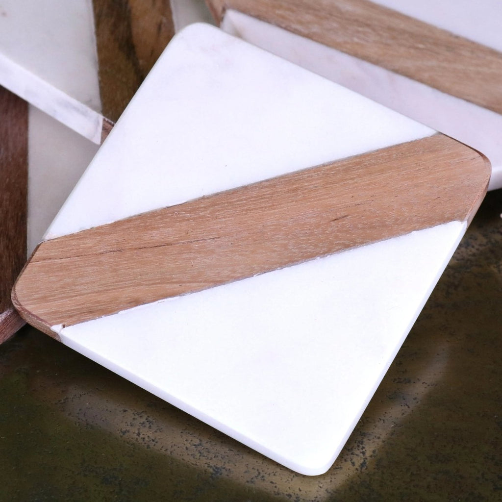 Salya White Marble and Wood Luxury Coasters - Joe’s Haven