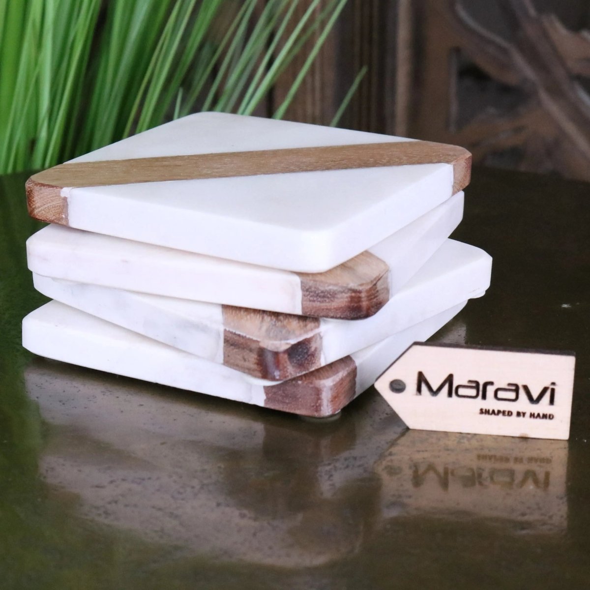 Salya White Marble and Wood Luxury Coasters - Joe’s Haven