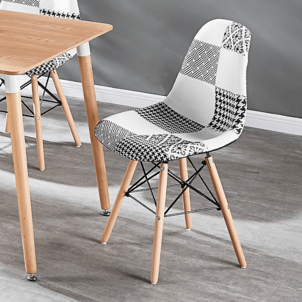 Black/White Patchwork Modern Dining Chair with Wooden Legs & Black Metal Wire Frame - Joe’s Haven