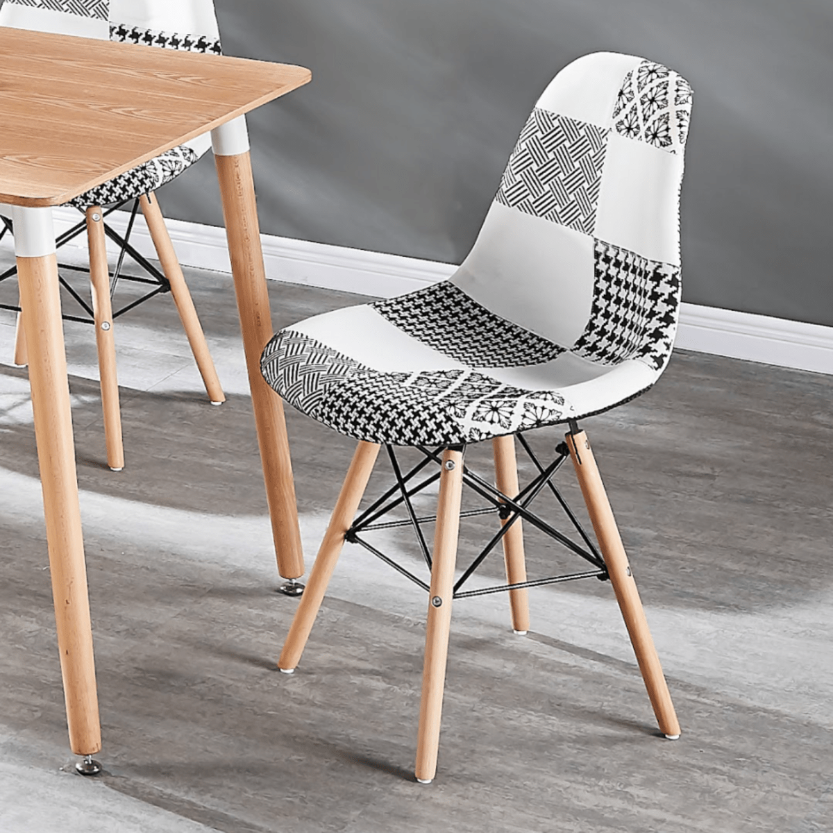 Black/White Patchwork Modern Dining Chair with Wooden Legs & Black Metal Wire Frame - Joe’s Haven