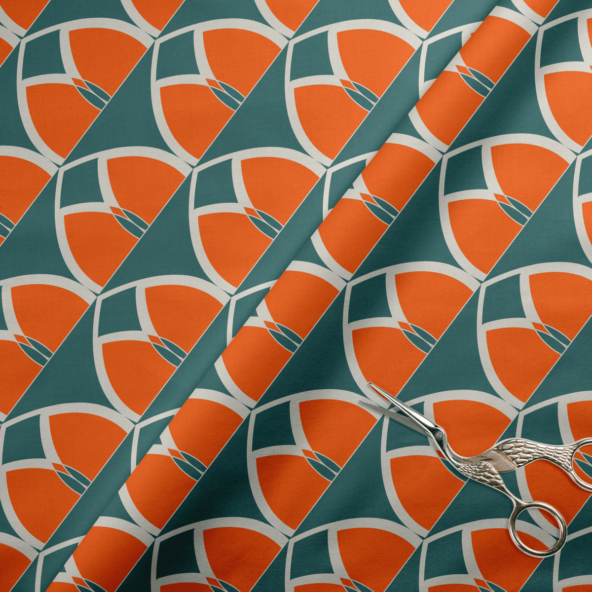 Teal and Orange Retro Geometric Cotton Drill Fabric - Joe’s Haven