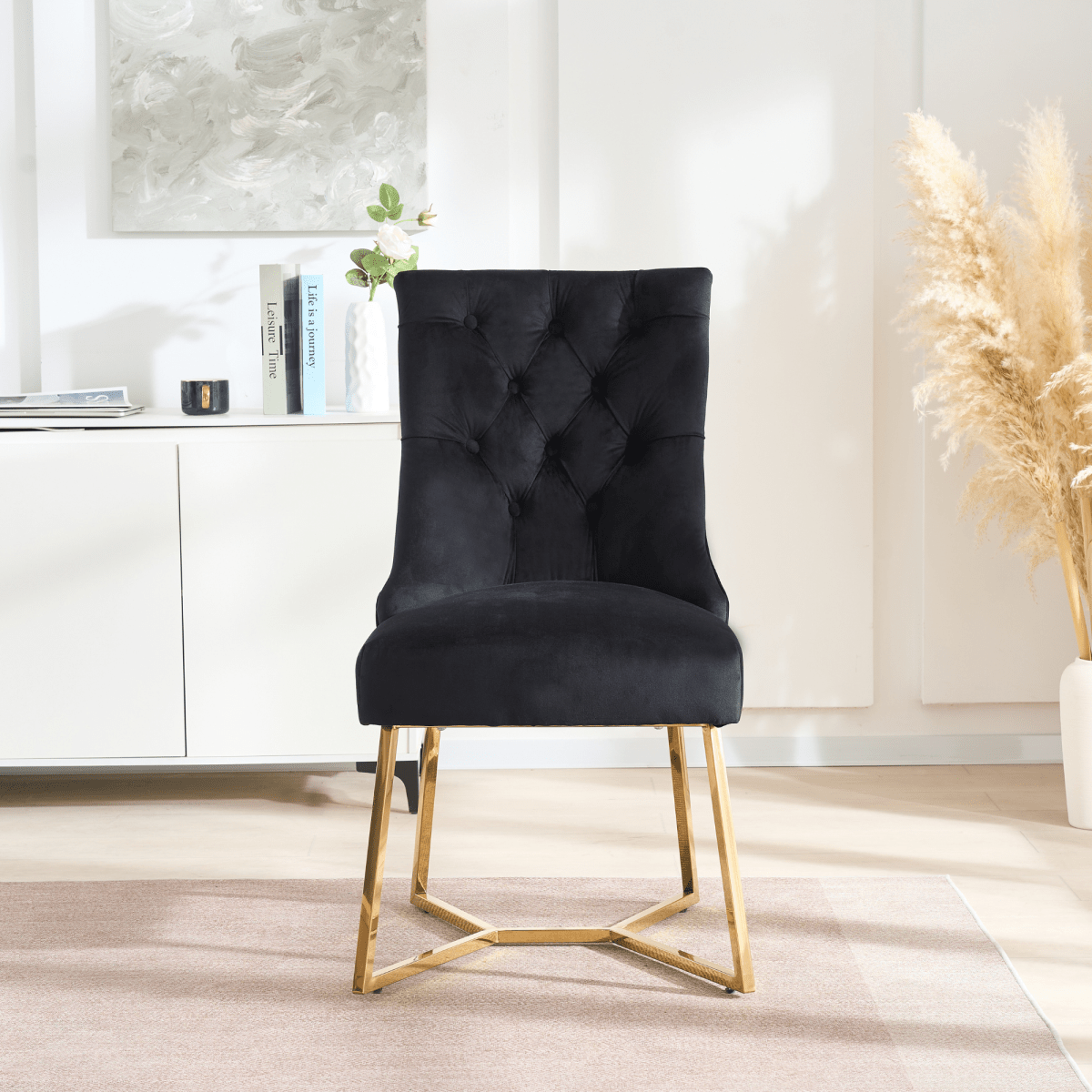 Ambra Velvet Dining Chair – Tufted Luxury Accent with Gold Legs & Ring Pull - Joe’s Haven