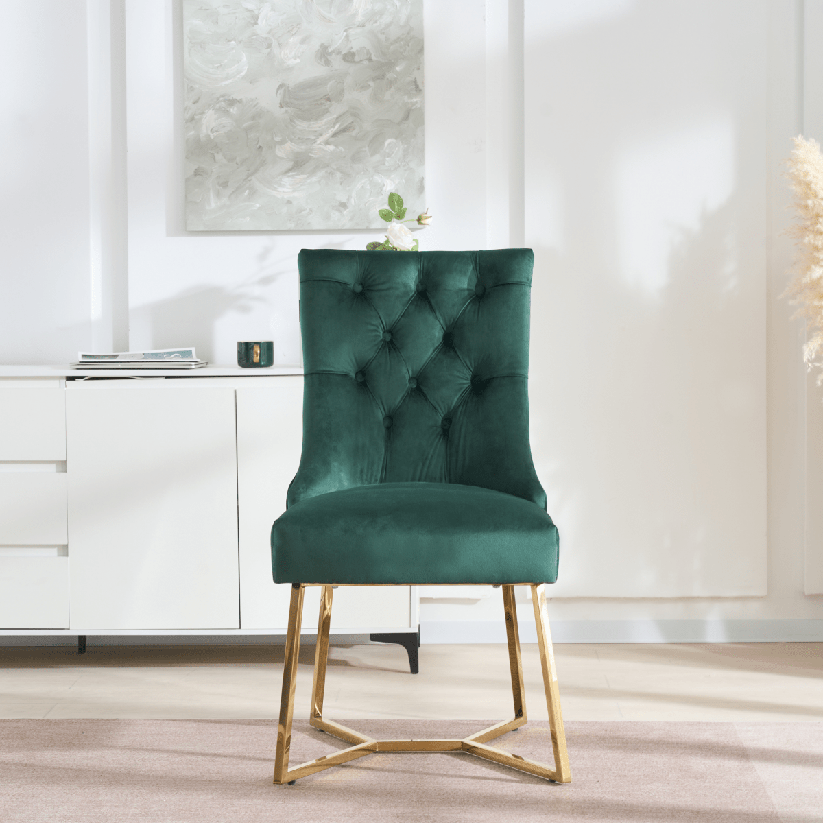 Ambra Velvet Dining Chair – Tufted Luxury Accent with Gold Legs & Ring Pull - Joe’s Haven