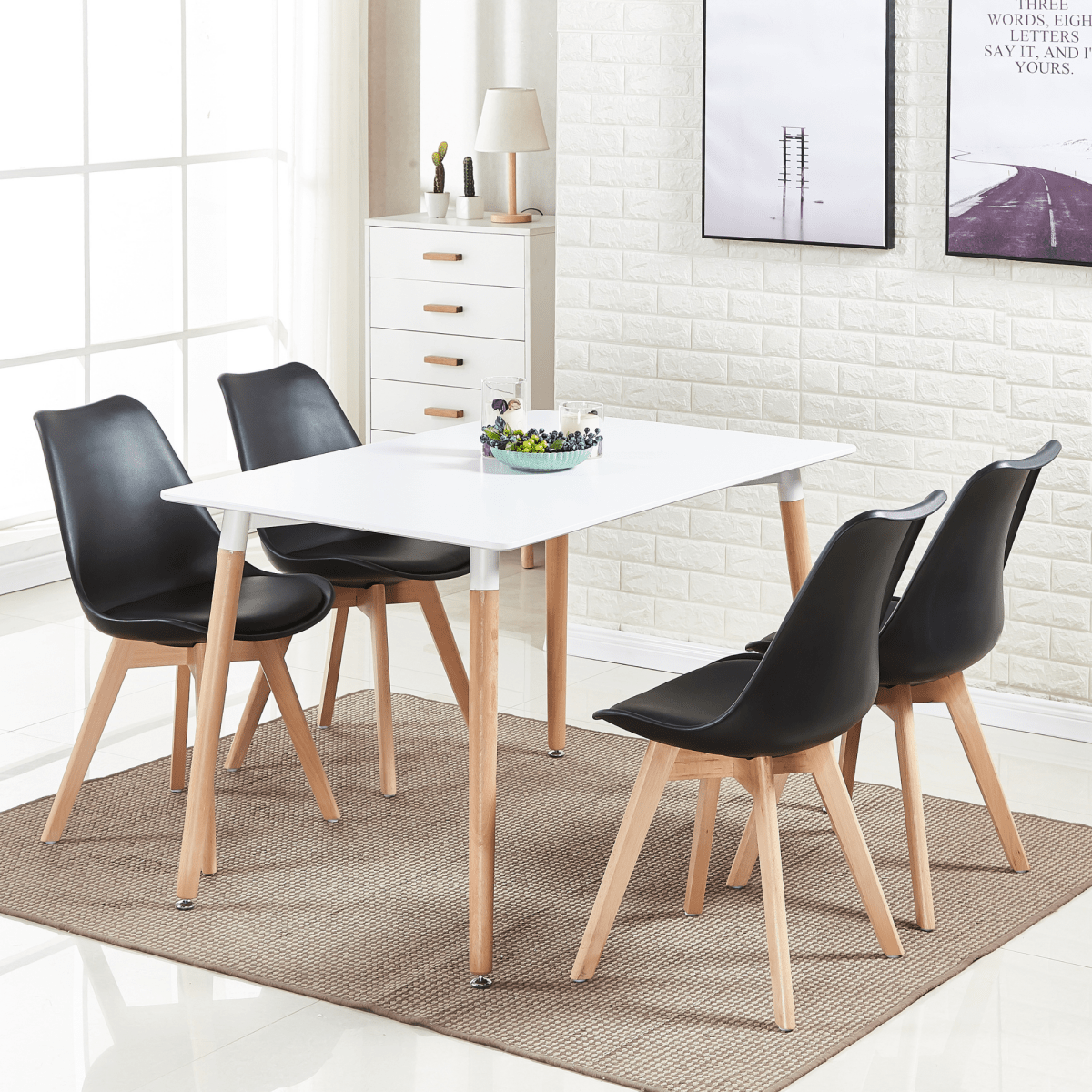 5PCs Dining Set - a White Halo Dining Table & Set of 4 Lorenzo Tulip Dining Chairs with Padded Seat - Joe’s Haven