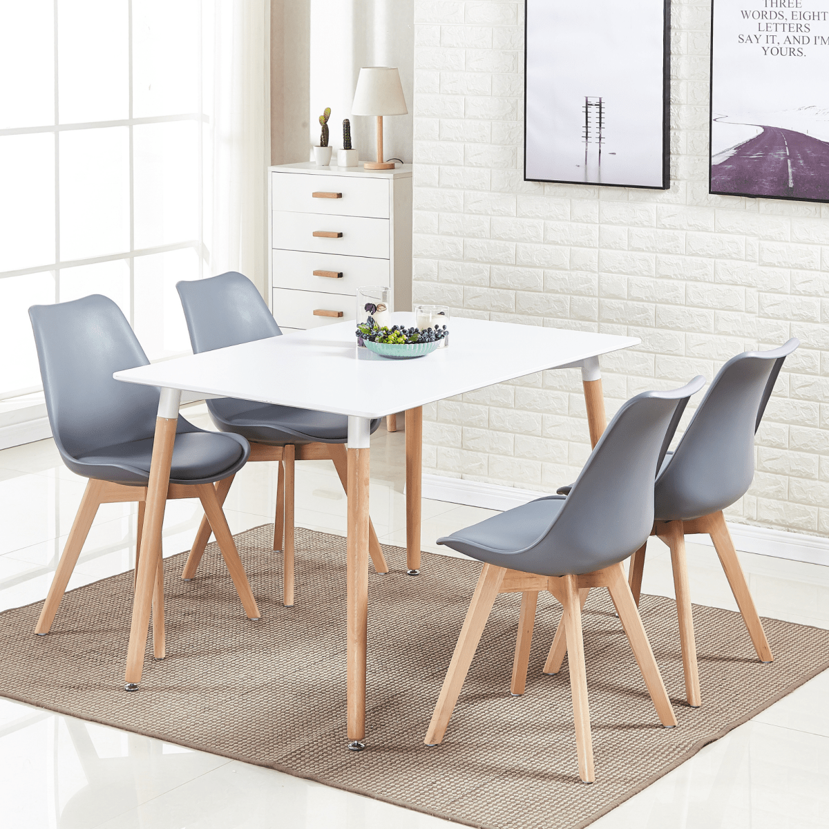 5PCs Dining Set - a White Halo Dining Table & Set of 4 Lorenzo Tulip Dining Chairs with Padded Seat - Joe’s Haven