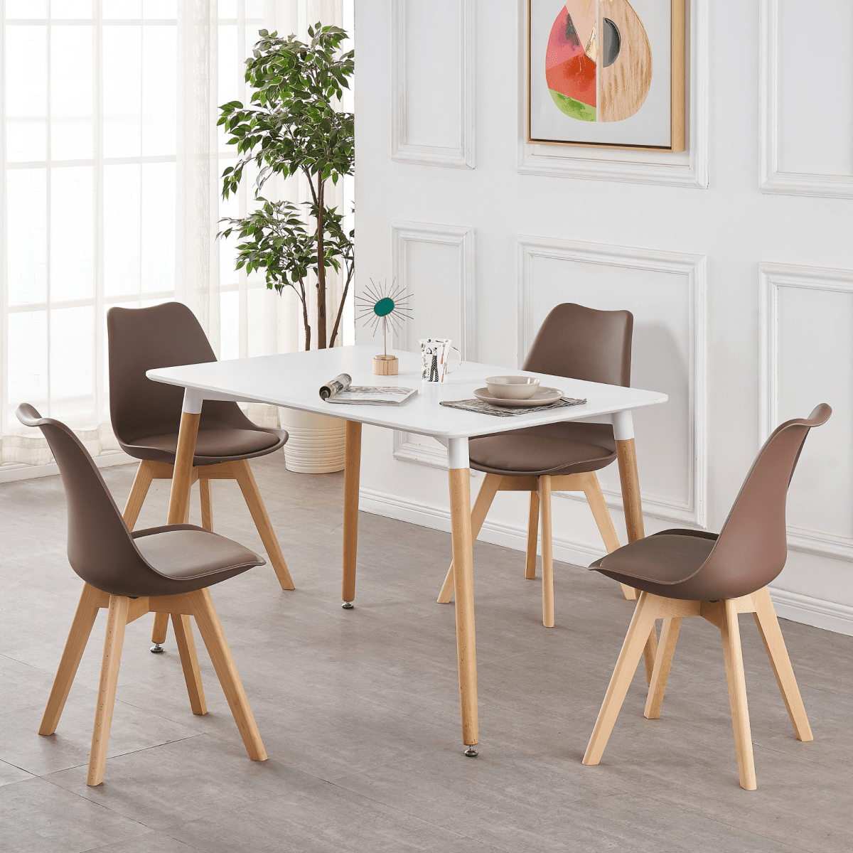 5PCs Dining Set - a White Halo Dining Table & Set of 4 Lorenzo Tulip Dining Chairs with Padded Seat - Joe’s Haven