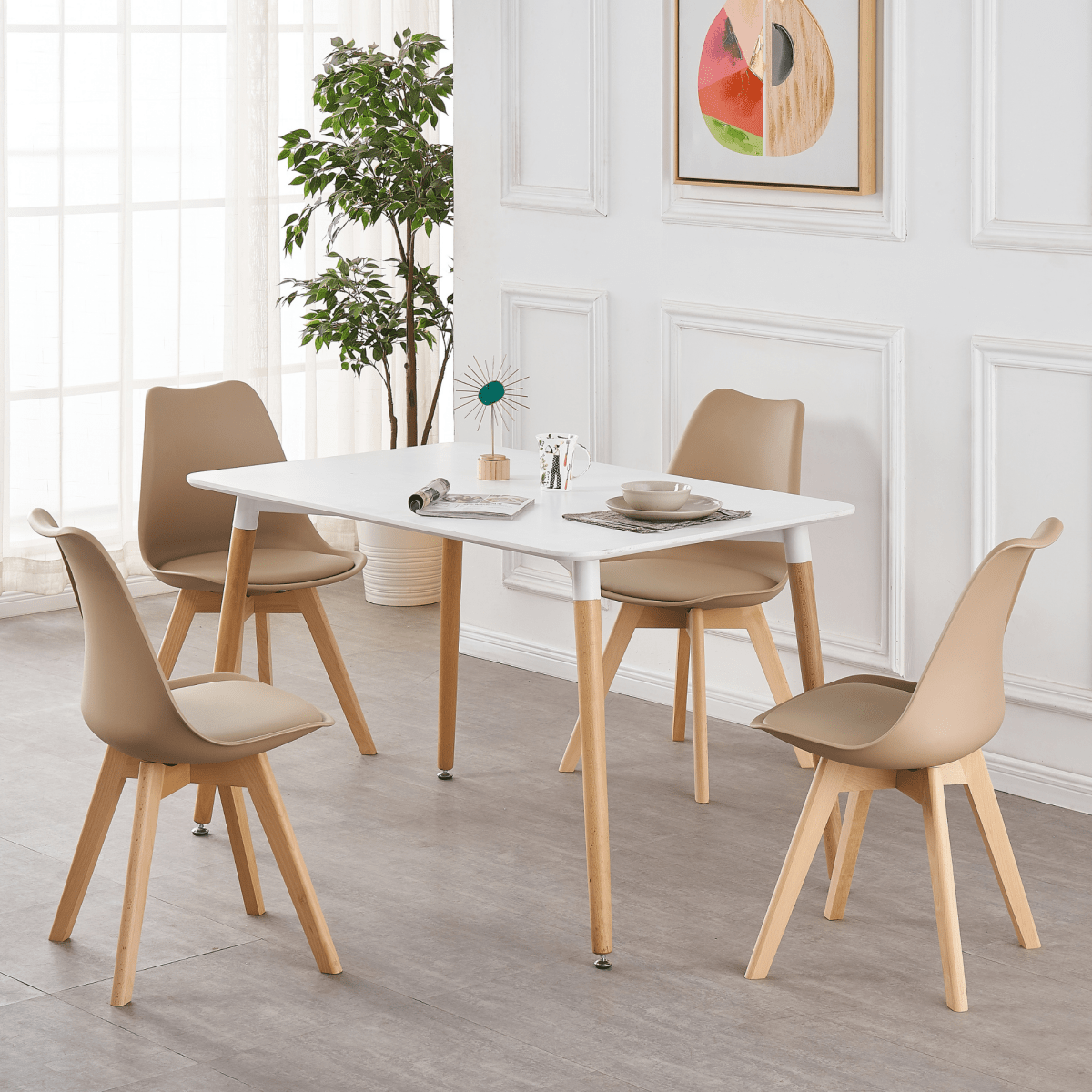 5PCs Dining Set - a White Halo Dining Table & Set of 4 Lorenzo Tulip Dining Chairs with Padded Seat - Joe’s Haven
