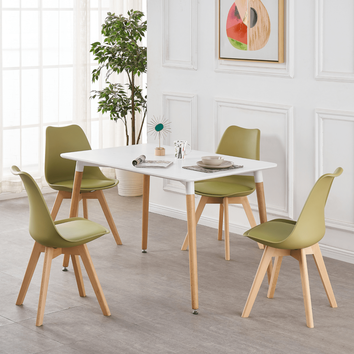 5PCs Dining Set - a White Halo Dining Table & Set of 4 Lorenzo Tulip Dining Chairs with Padded Seat - Joe’s Haven