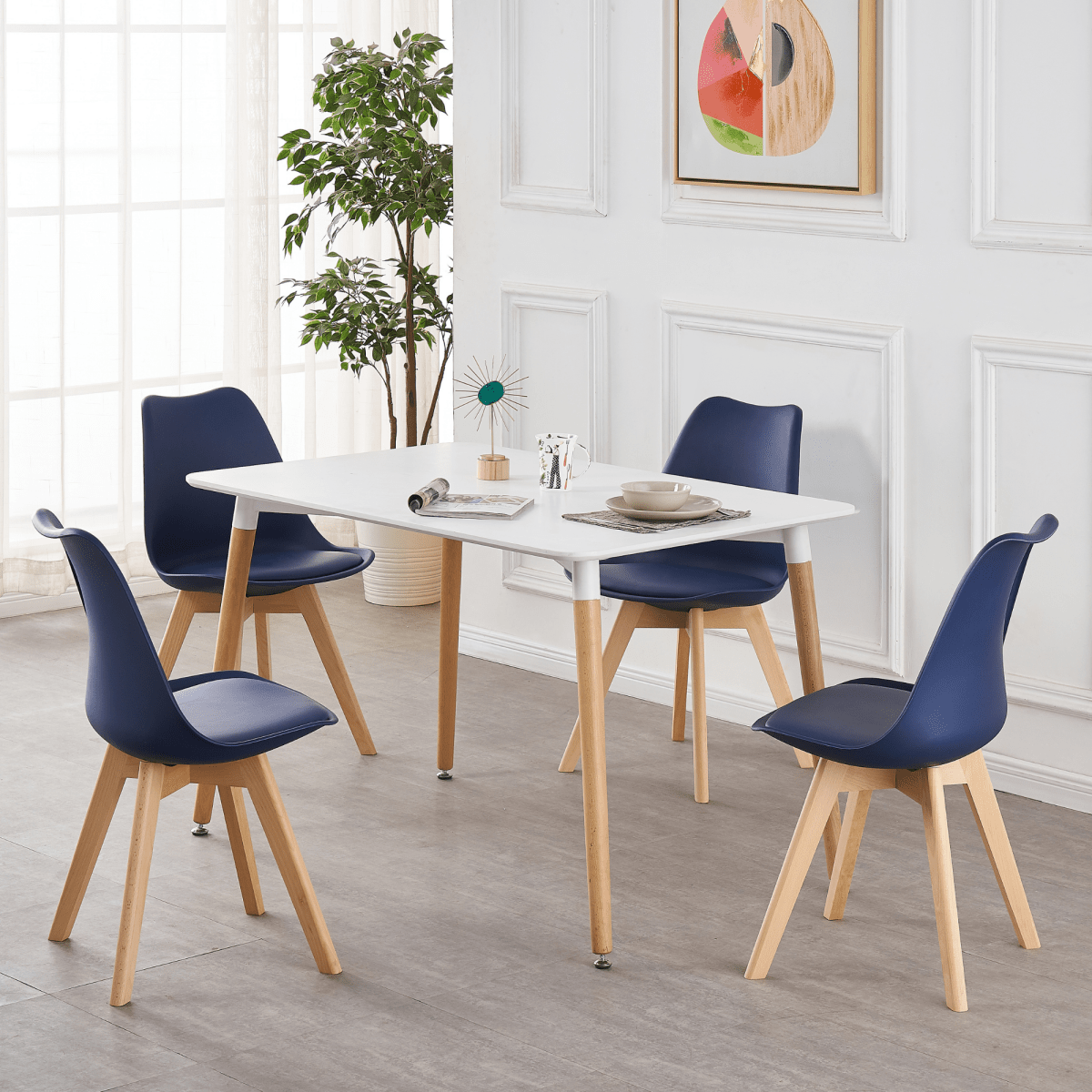 5PCs Dining Set - a White Halo Dining Table & Set of 4 Lorenzo Tulip Dining Chairs with Padded Seat - Joe’s Haven