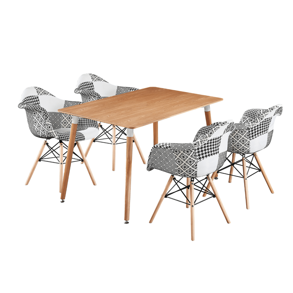 5PCs Dining Set - an Oak Halo Dining Table & Set of 4 Black/White Patchwork Accent Chairs - Joe’s Haven