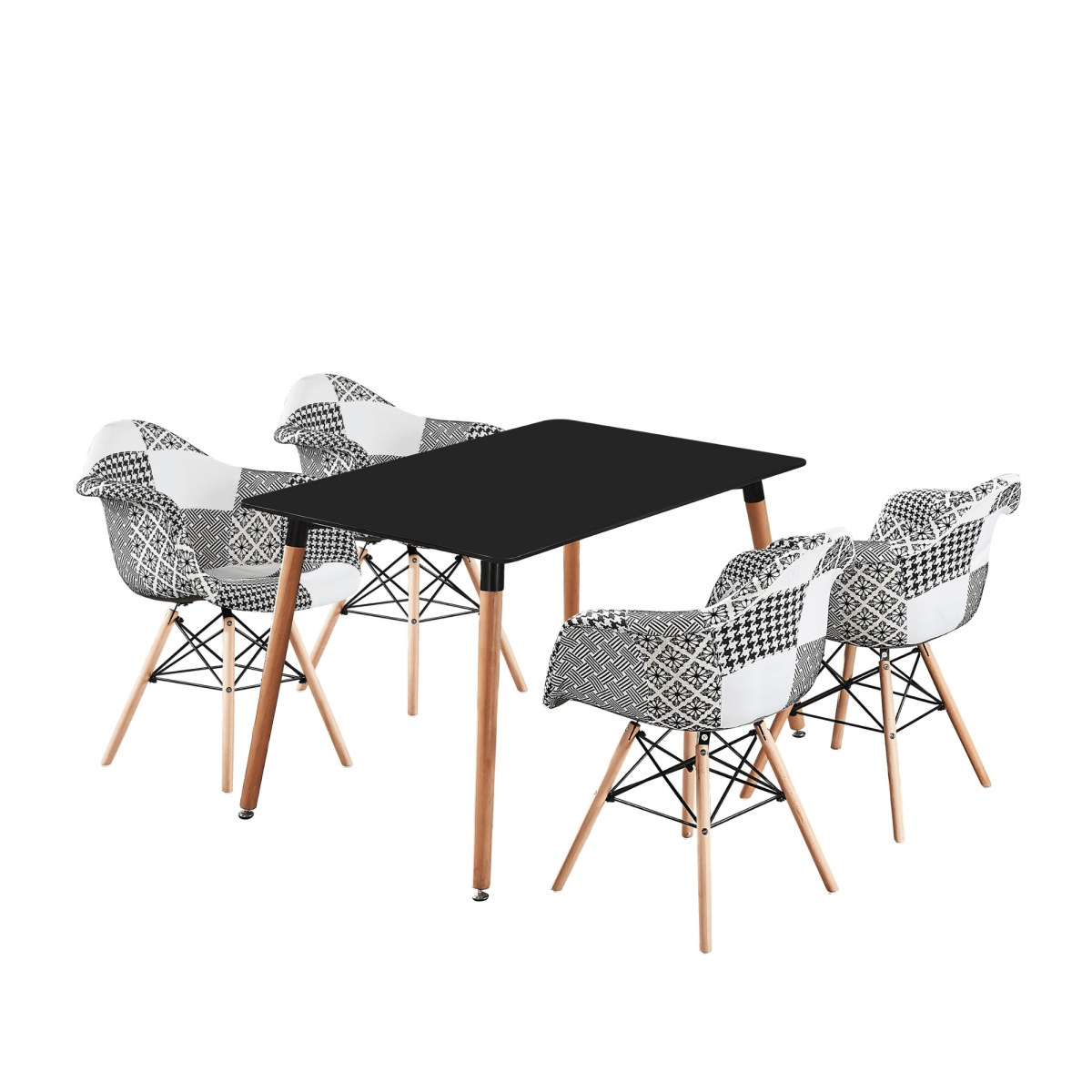 5PCs Dining Set - a Black Halo Dining Table & Set of 4 Black/White Patchwork Accent Chairs - Joe’s Haven