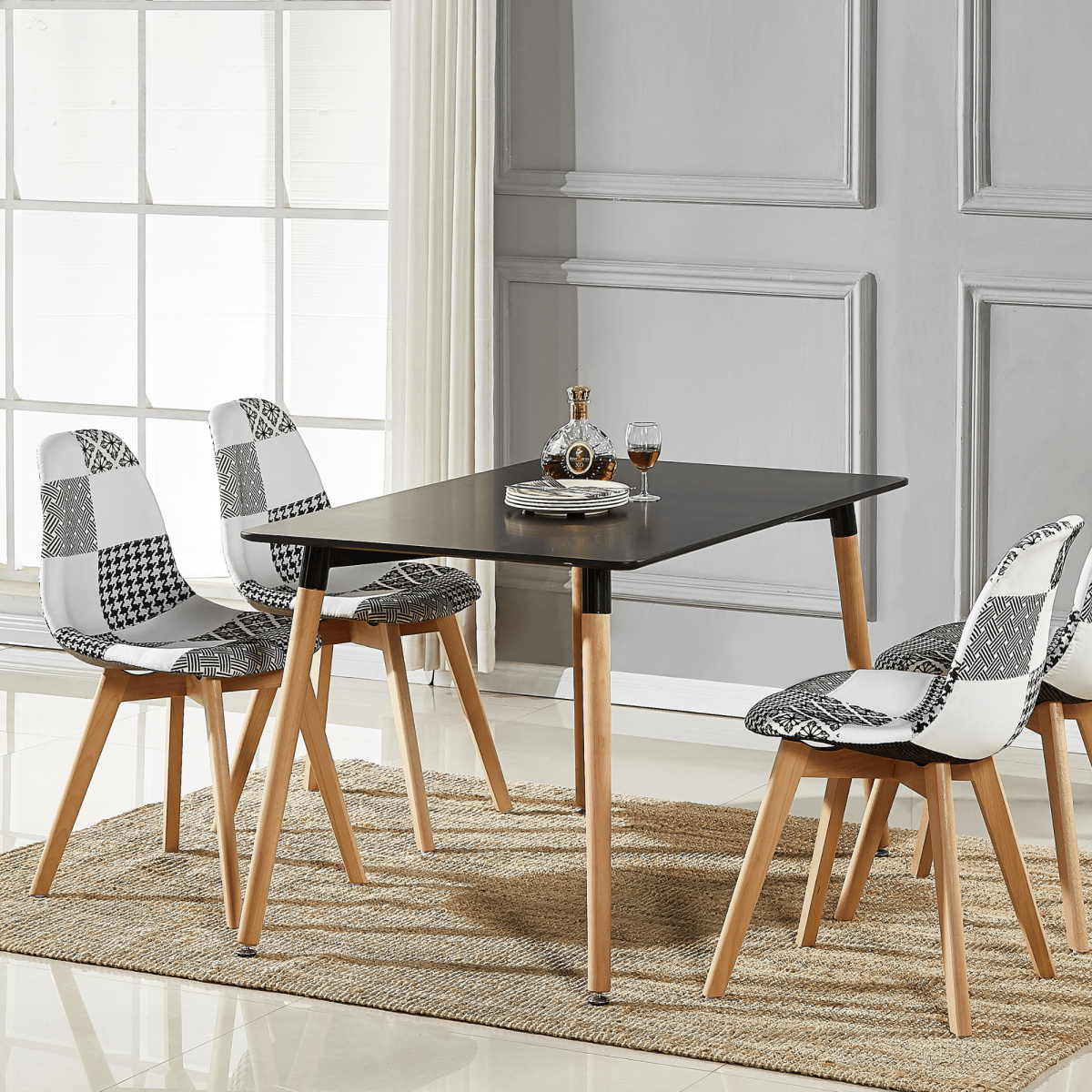 5PCs Dining Set - a Halo Dining Table & Set of 4 Black/White Tulip Patchwork Accent Chairs - Joe’s Haven