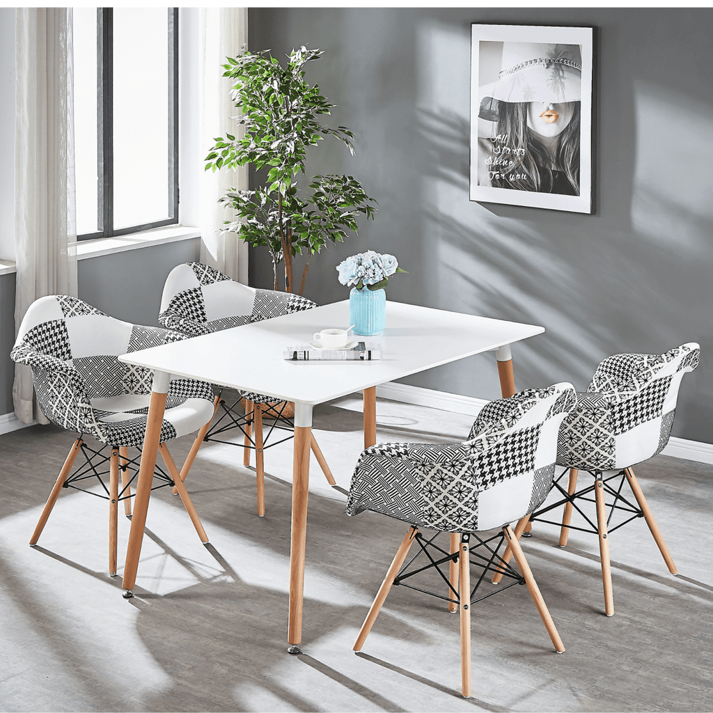 5PCs Dining Set - a White Halo Dining Table & Set of 4 Black/White Patchwork Accent Chairs - Joe’s Haven