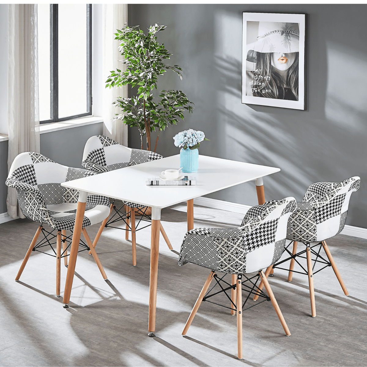 5PCs Dining Set - a White Halo Dining Table & Set of 4 Black/White Patchwork Accent Chairs - Joe’s Haven