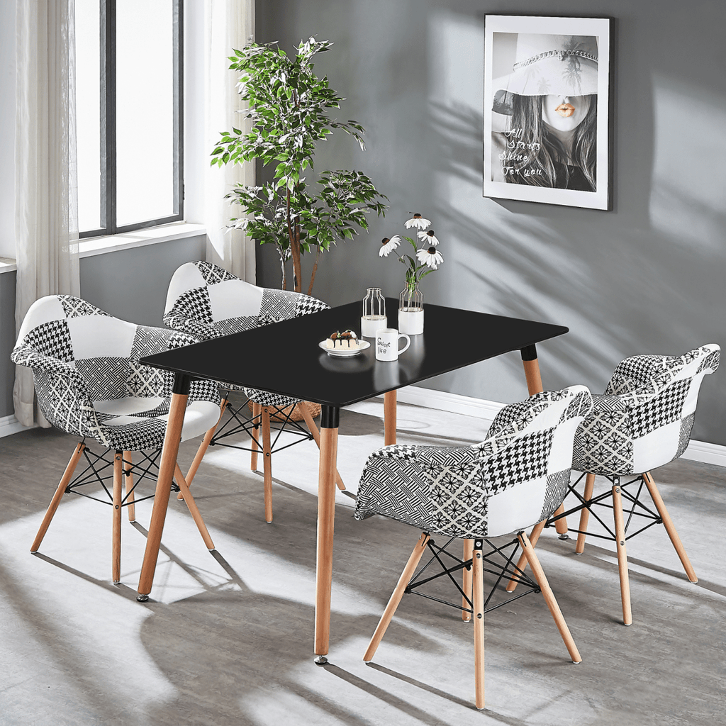 5PCs Dining Set - a Black Halo Dining Table & Set of 4 Black/White Patchwork Accent Chairs - Joe’s Haven