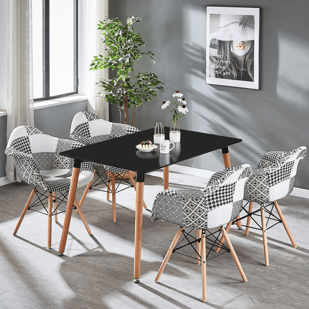 5PCs Dining Set - a Black Halo Dining Table & Set of 4 Black/White Patchwork Accent Chairs - Joe’s Haven