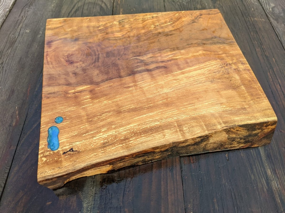 Beech kitchen board with Blue Epoxy detail. Measures 40cm by 33cm - Joe’s Haven