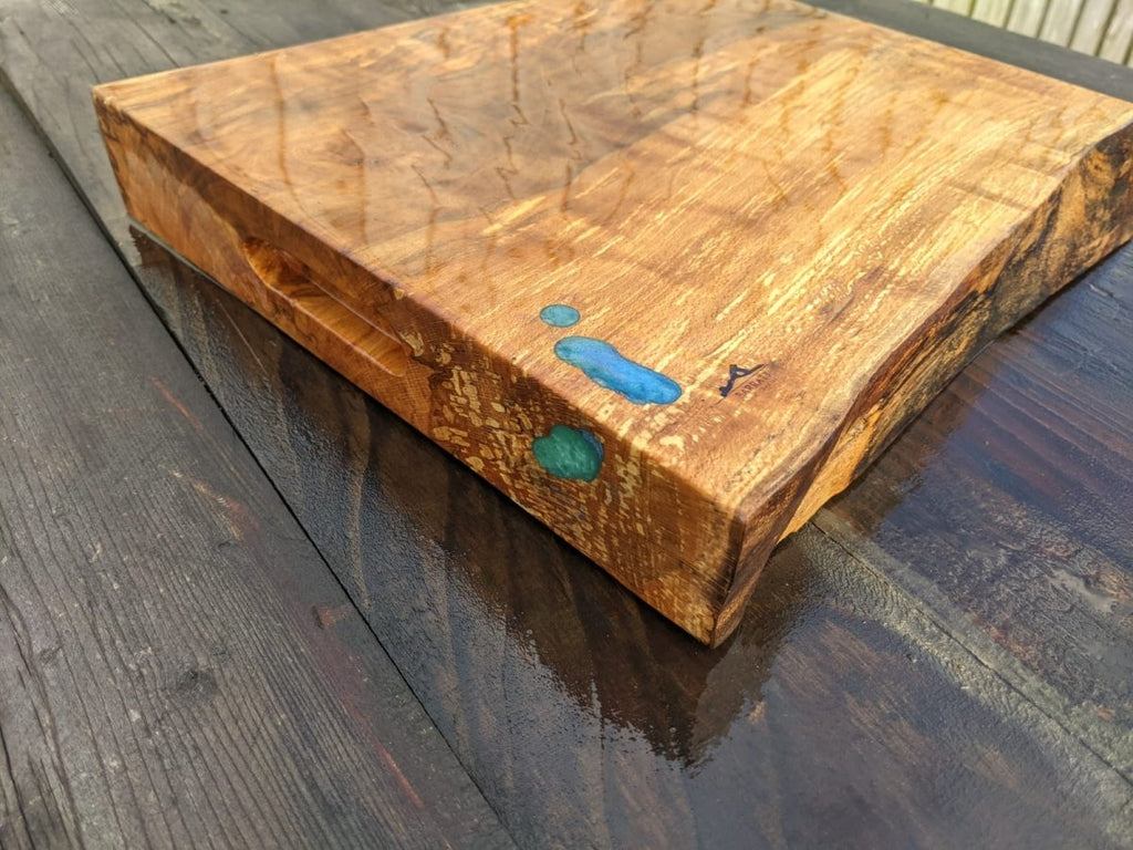 Beech kitchen board with Blue Epoxy detail. Measures 40cm by 33cm - Joe’s Haven