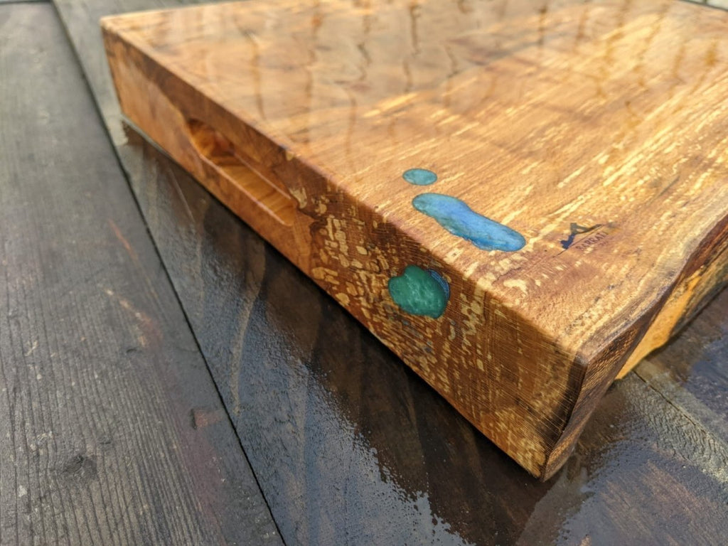 Beech kitchen board with Blue Epoxy detail. Measures 40cm by 33cm - Joe’s Haven
