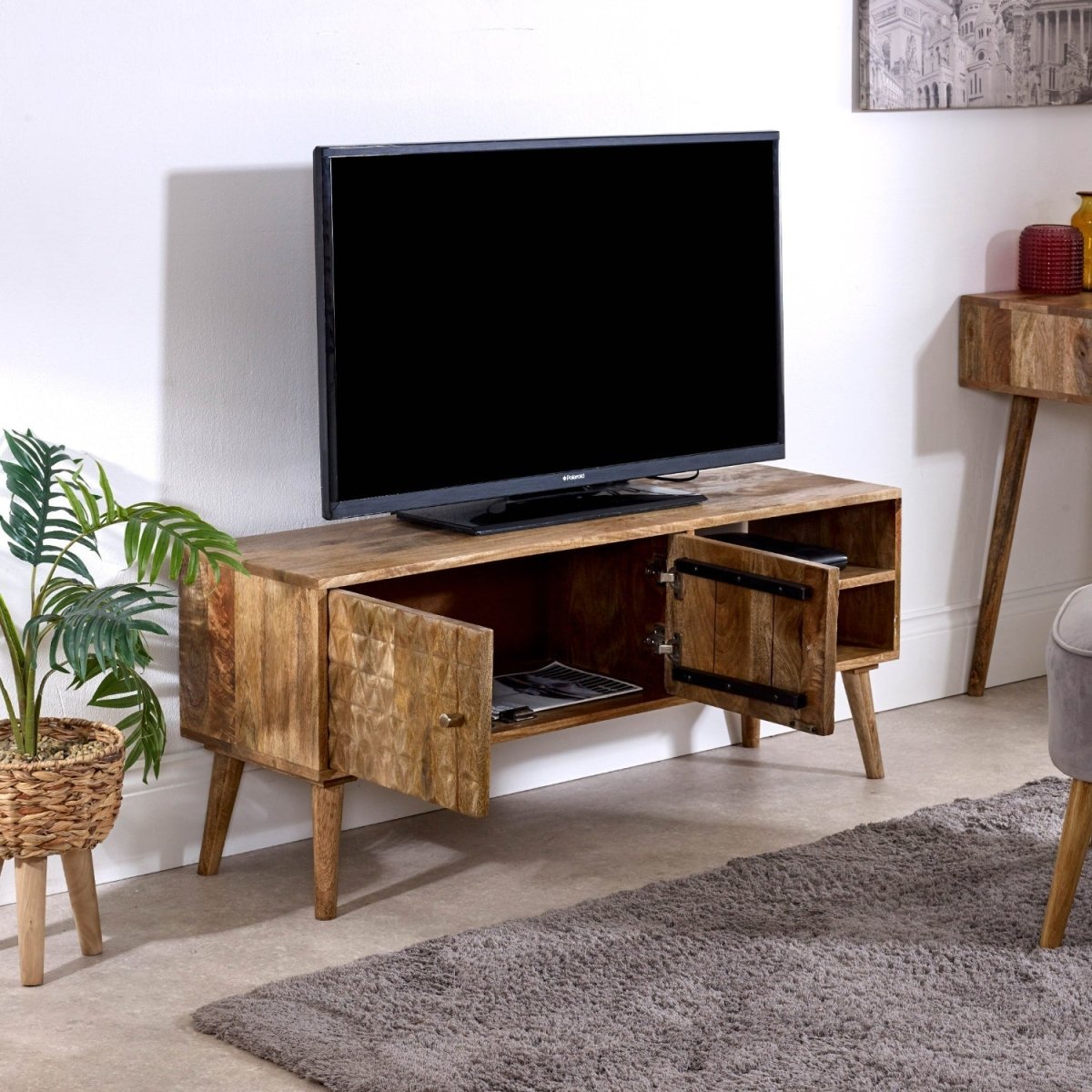 Marlow Light Mango Wood TV Stand with 2 Doors & 2 Shelves - Joe’s Haven