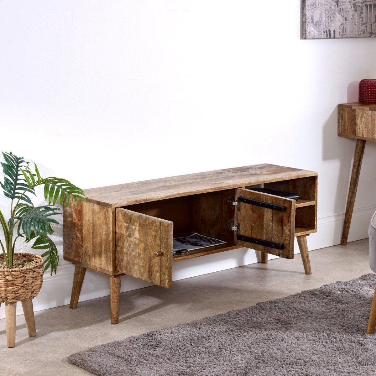 Marlow Light Mango Wood TV Stand with 2 Doors & 2 Shelves - Joe’s Haven