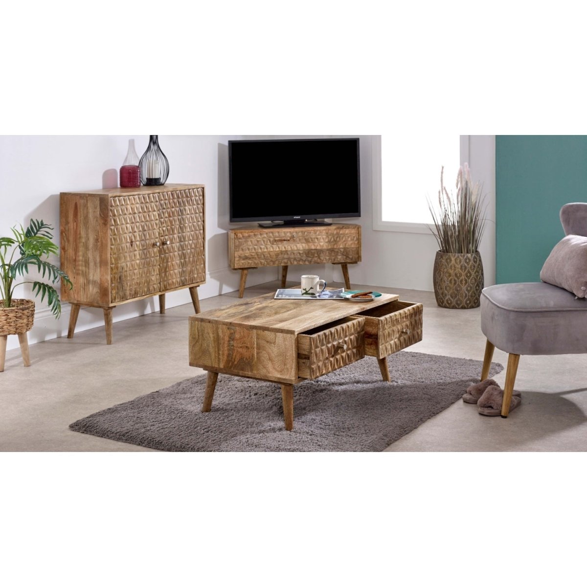 Marlow Light Mango Wood Corner TV Stand - Joe’s Haven