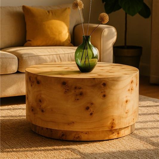 Natural Burl Wood Round Coffee Table with Drum Shape Design, Mota - Joe’s Haven