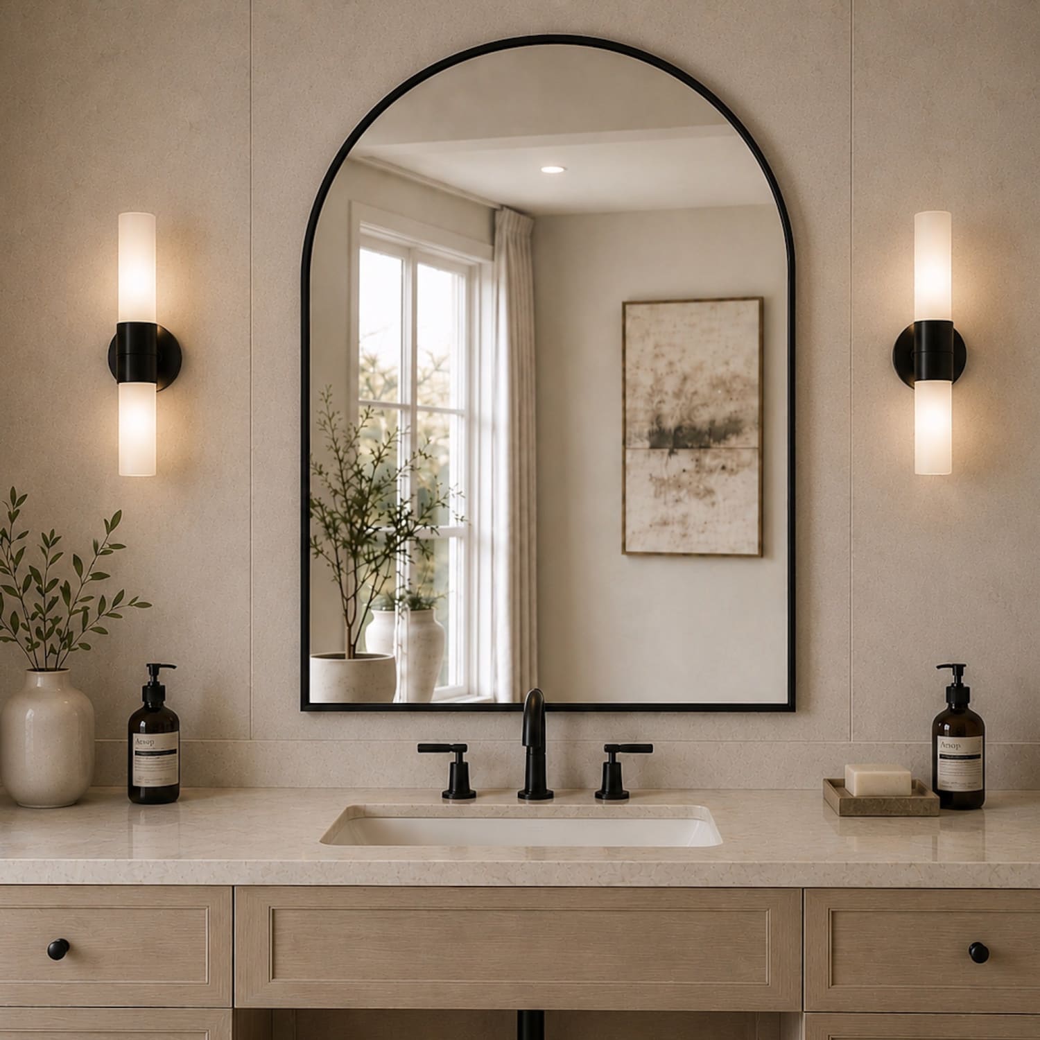 Akiko - Black Metal Arched Mirror - 120cm x 95cm - Joe’s Haven