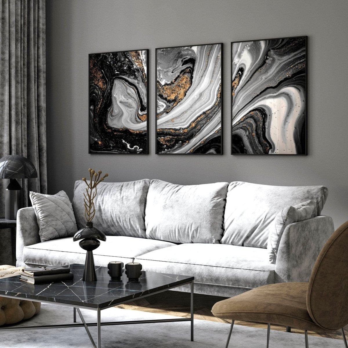 Abstract large wall art | set of 3 Black and Gold wall art prints - Joe’s Haven
