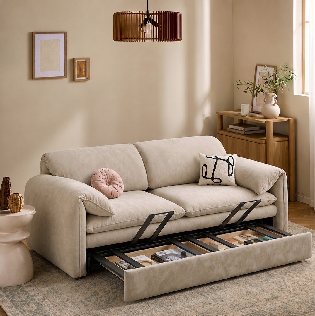 Moore Three Seater Sofa Bed With Storage, Suede - Joe’s Haven